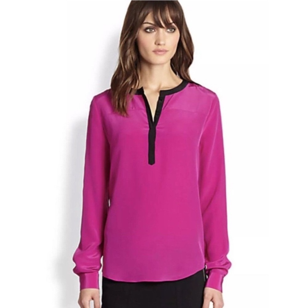Diane Von Furstenberg 100% Silk Maisy Blouse in Magenta Pink Black Trim Size 8